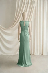 Nala Sage Green satin junior bridesmaid dress by TH&TH — back view showing the keyhole opening