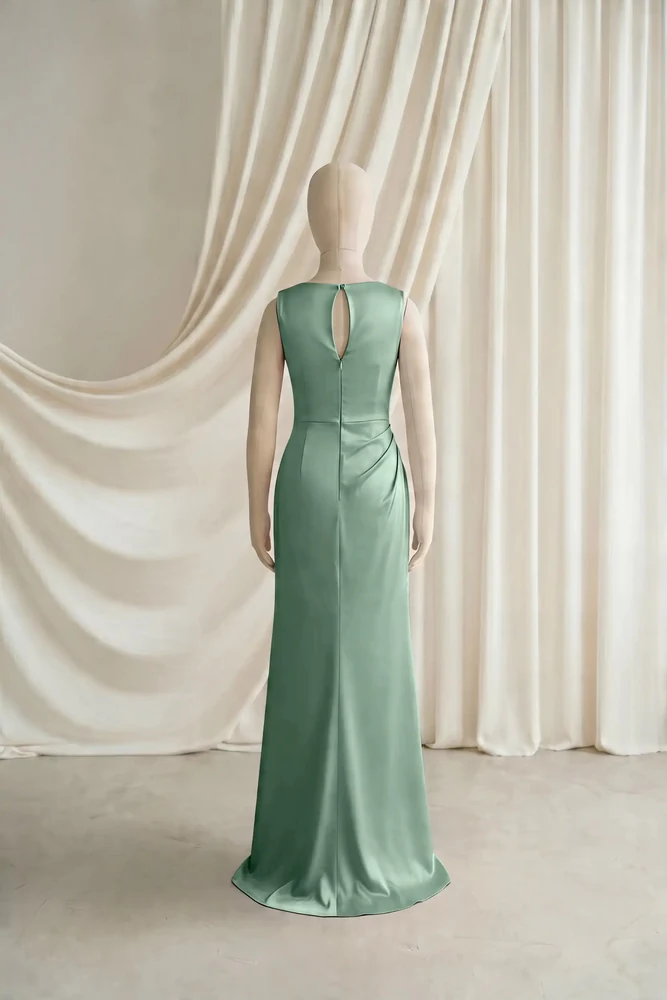 nala-sage-green-satin-junior-bridesmaid-dress-thth-back Nala Sage Green satin junior bridesmaid dress by TH&TH — back view showing the keyhole opening