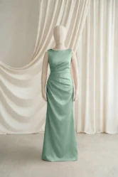 Nala Sage Green satin junior bridesmaid dress by TH&TH — front, showing the boat neckline
