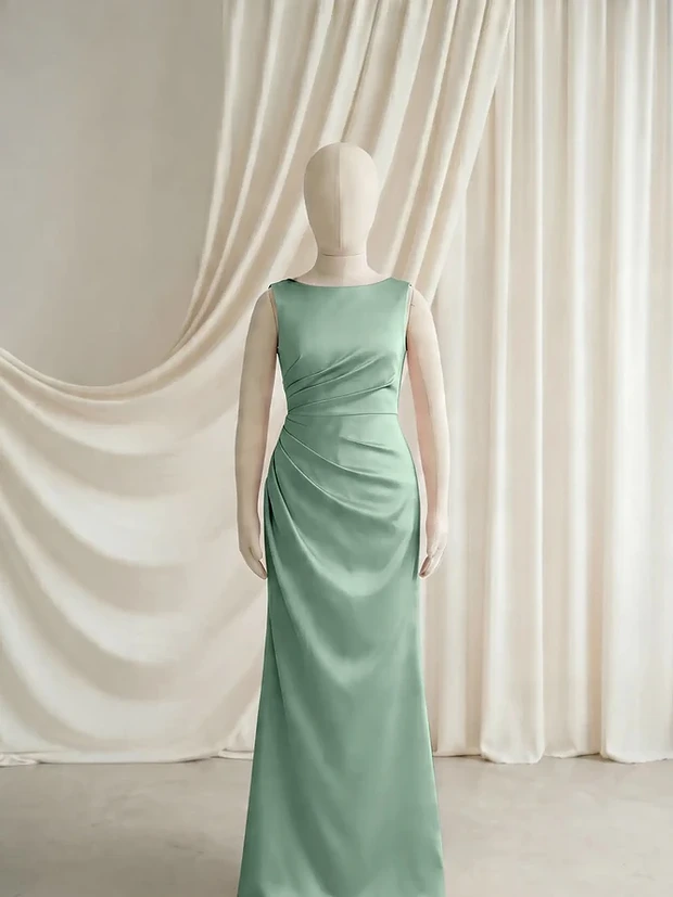 Nala Sage Green satin junior bridesmaid dress by TH&TH — front, showing the boat neckline