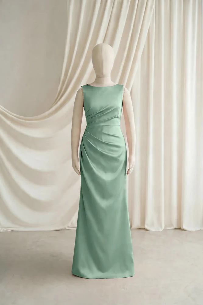nala-sage-green-satin-junior-bridesmaid-dress-thth-front Nala Sage Green satin junior bridesmaid dress by TH&TH — front, showing the boat neckline