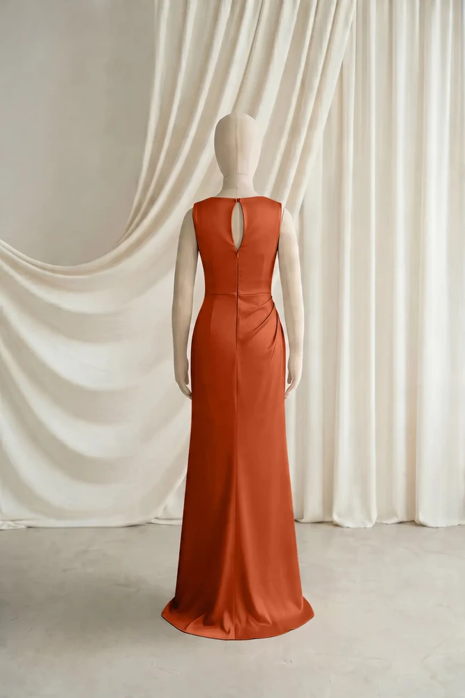 Nala Orange Satin Junior Bridesmaid Dress by TH&TH — Terracotta, back Nala Orange Satin Junior Bridesmaid Dress by TH&TH — Terracotta, back
