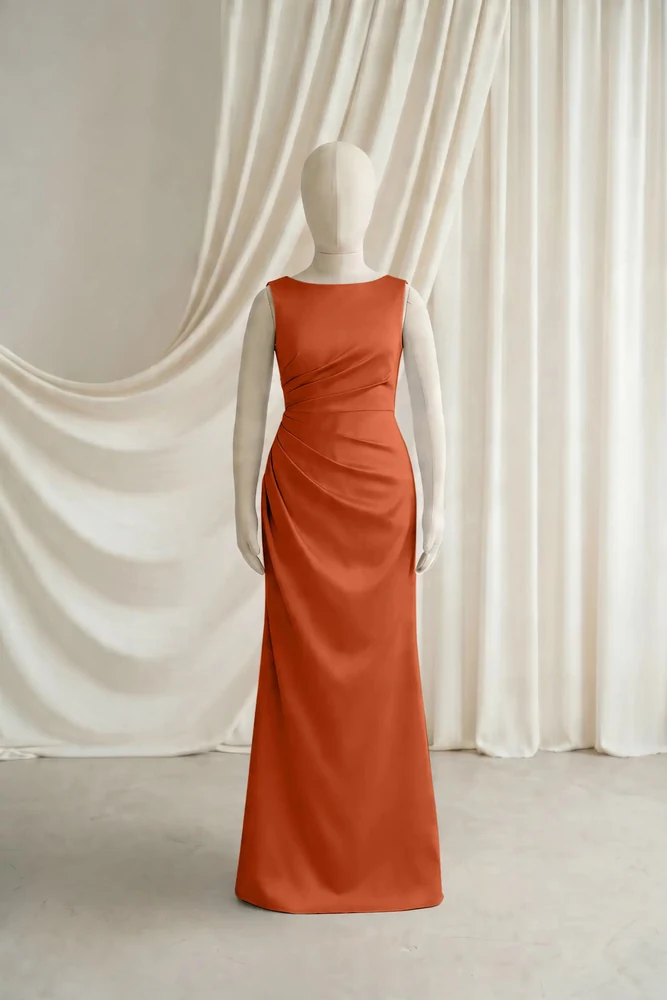 Nala Orange Satin Junior Bridesmaid Dress by TH&TH — Terracotta, front Nala Orange Satin Junior Bridesmaid Dress by TH&TH — Terracotta, front