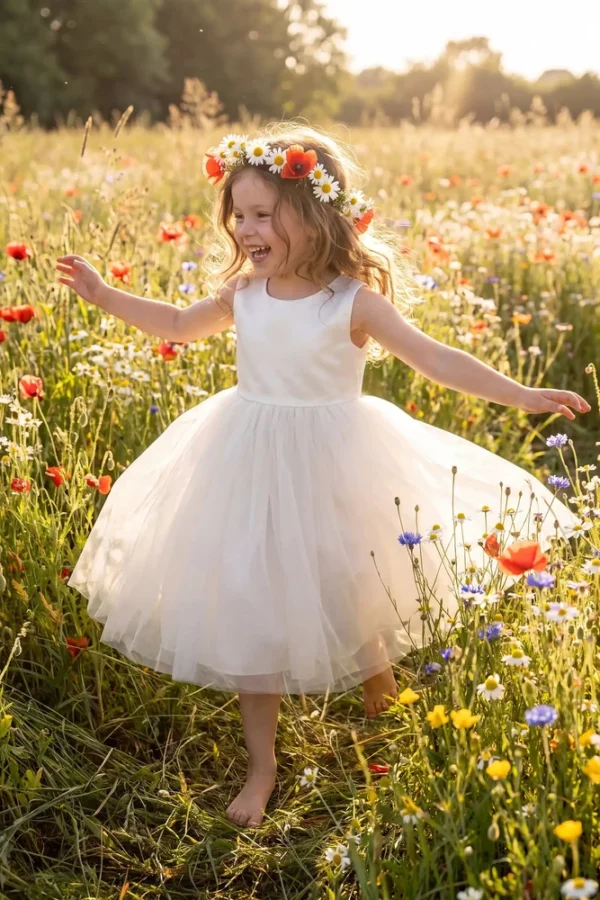 Paige Ivory Tulle Flower Girl Dress by TH&TH — flower girl twirling in a wildflower meadow Paige Ivory Tulle Flower Girl Dress by TH&TH - flower girl twirling in a wildflower meadow