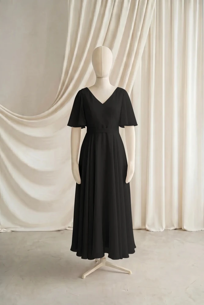 Phoebe Black Chiffon Junior Bridesmaid Dress by TH&TH — Black, front Phoebe Black Chiffon Junior Bridesmaid Dress by TH&TH — Black, front