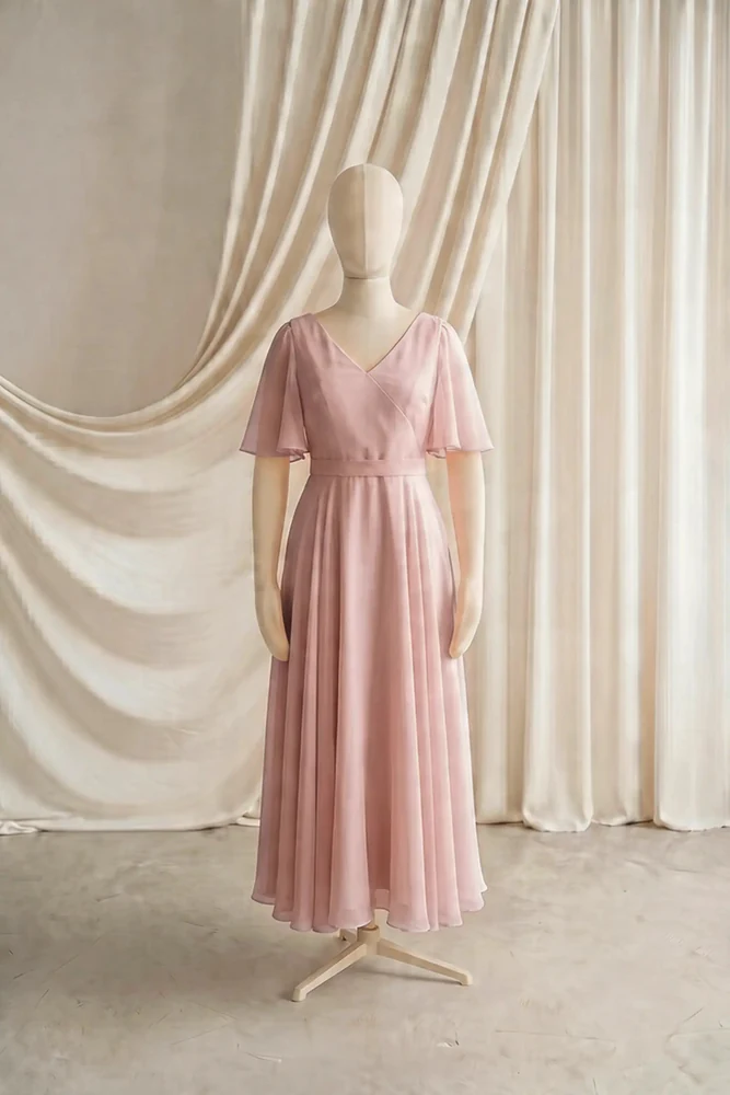 Phoebe Pink Chiffon Junior Bridesmaid Dress by TH&TH — Blush Pink, front Phoebe Pink Chiffon Junior Bridesmaid Dress by TH&TH — Blush Pink, front