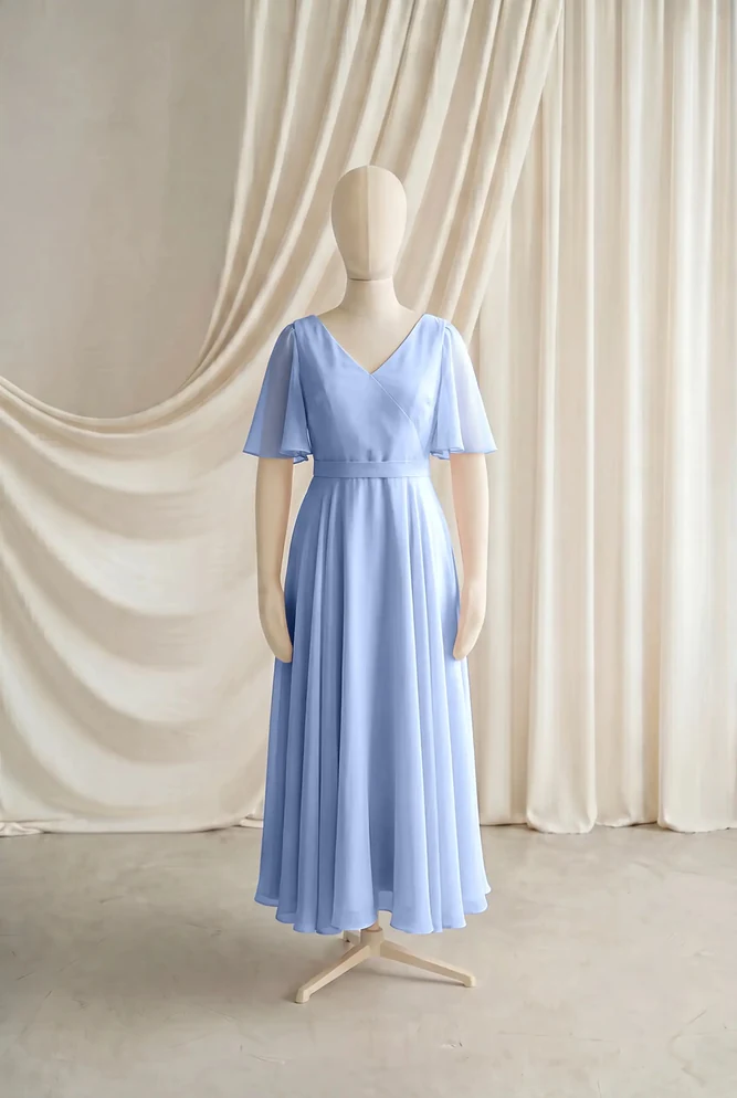 Phoebe Blue Chiffon Junior Bridesmaid Dress by TH&TH — Dusty Blue, front Phoebe Blue Chiffon Junior Bridesmaid Dress by TH&TH — Dusty Blue, front