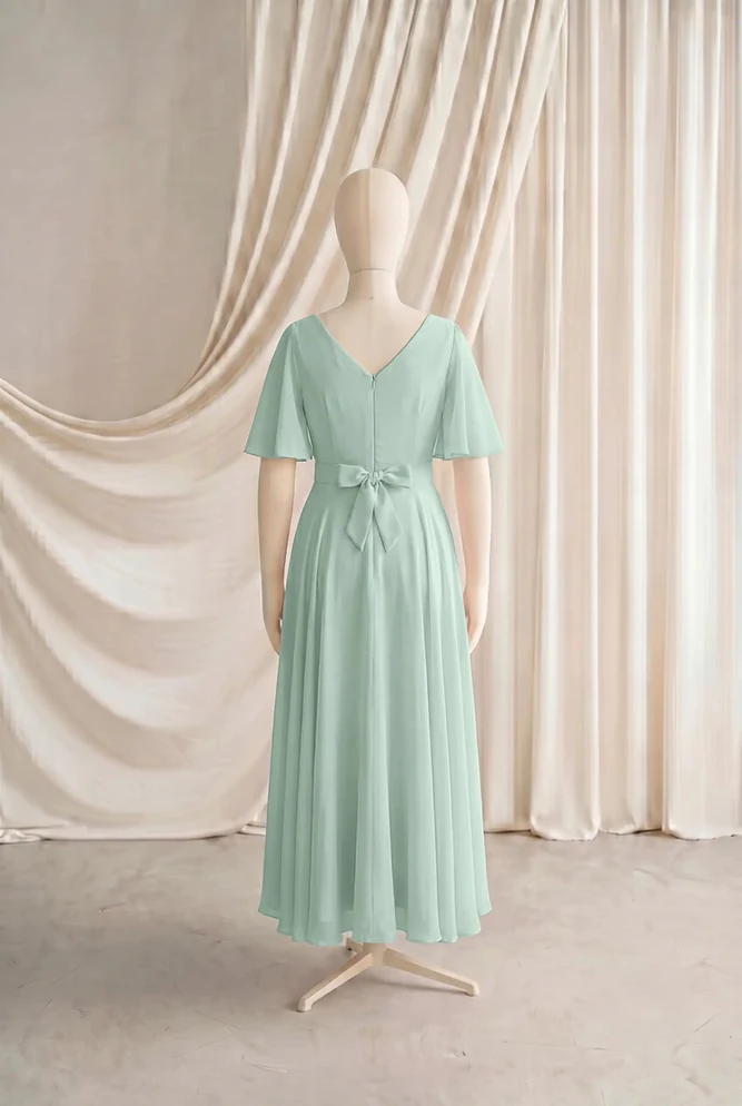 Phoebe Green Chiffon Junior Bridesmaid Dress by TH&TH — Dusty Eucalyptus, back Phoebe Green Chiffon Junior Bridesmaid Dress by TH&TH — Dusty Eucalyptus, back