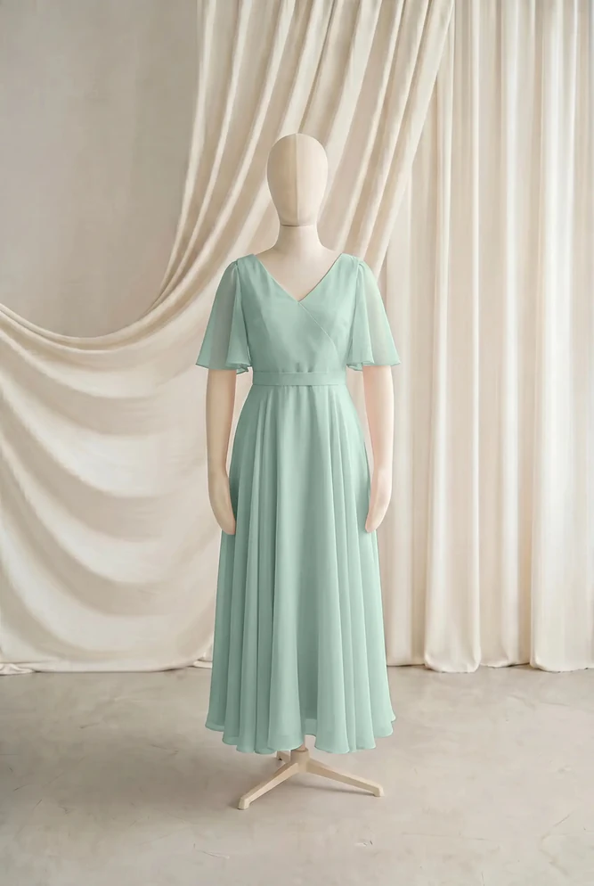 Phoebe Green Chiffon Junior Bridesmaid Dress by TH&TH — Dusty Eucalyptus, front Phoebe Green Chiffon Junior Bridesmaid Dress by TH&TH — Dusty Eucalyptus, front
