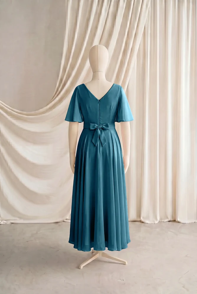 Phoebe Green Chiffon Junior Bridesmaid Dress by TH&TH — Emerald Dawn, back Phoebe Green Chiffon Junior Bridesmaid Dress by TH&TH — Emerald Dawn, back