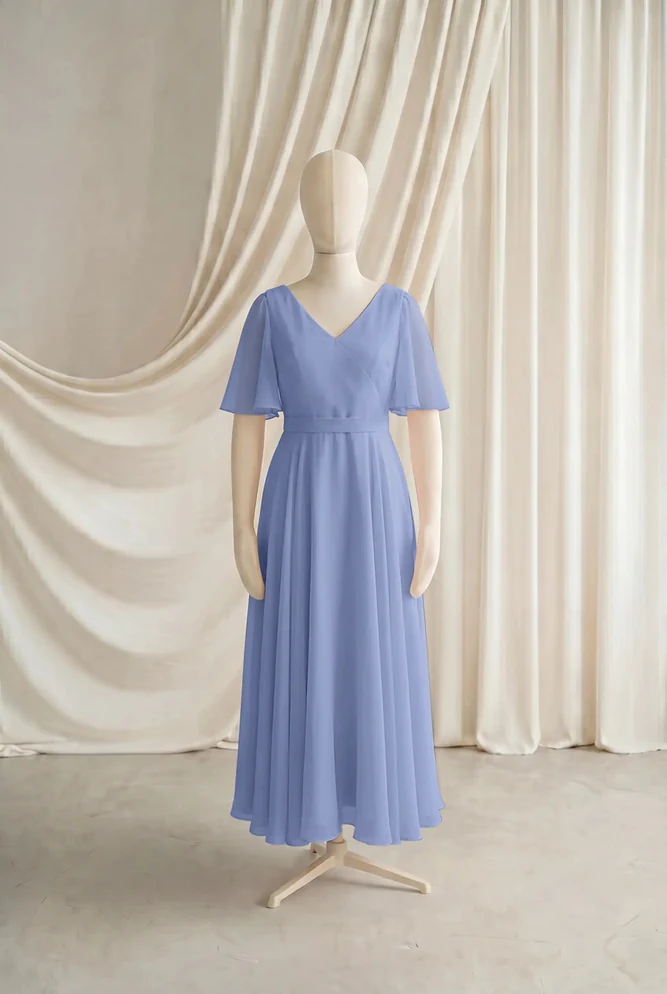 Phoebe Blue Chiffon Junior Bridesmaid Dress by TH&TH — French Blue, front Phoebe Blue Chiffon Junior Bridesmaid Dress by TH&TH — French Blue, front