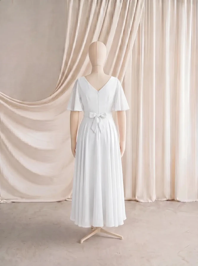 Phoebe Neutral Chiffon Junior Bridesmaid Dress by TH&TH — Ivory, back Phoebe Neutral Chiffon Junior Bridesmaid Dress by TH&TH — Ivory, back