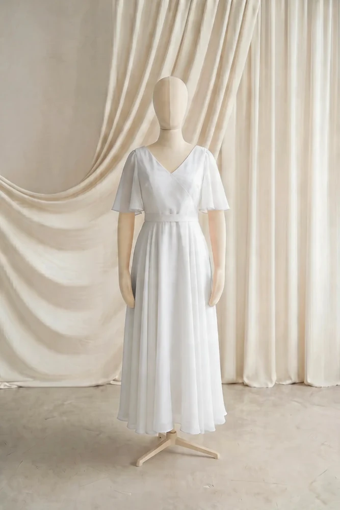 Phoebe Neutral Chiffon Junior Bridesmaid Dress by TH&TH — Ivory, front Phoebe Neutral Chiffon Junior Bridesmaid Dress by TH&TH — Ivory, front