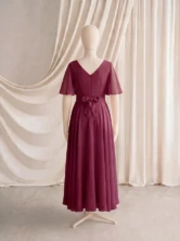 Phoebe Burgundy Chiffon Junior Bridesmaid Dress by TH&TH — Merlot, back