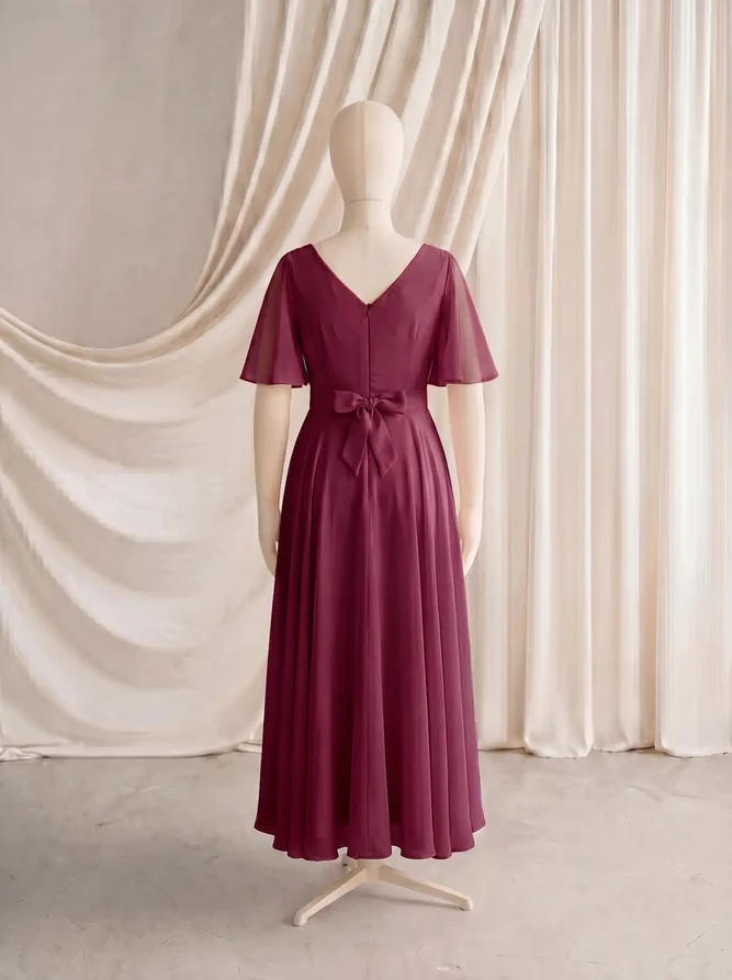Phoebe Burgundy Chiffon Junior Bridesmaid Dress by TH&TH — Merlot, back Phoebe Burgundy Chiffon Junior Bridesmaid Dress by TH&TH — Merlot, back