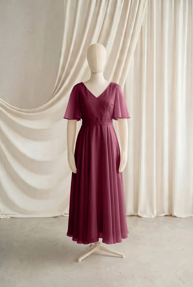 Phoebe Burgundy Chiffon Junior Bridesmaid Dress by TH&TH — Merlot, front Phoebe Burgundy Chiffon Junior Bridesmaid Dress by TH&TH — Merlot, front
