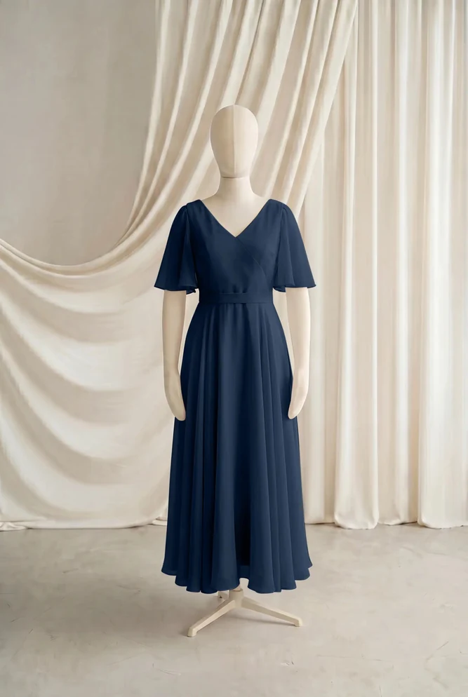 Phoebe Navy Chiffon Junior Bridesmaid Dress by TH&TH — Navy, front Phoebe Navy Chiffon Junior Bridesmaid Dress by TH&TH — Navy, front