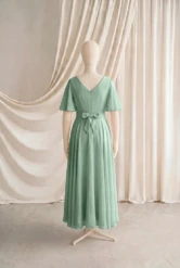 Phoebe Green Chiffon Junior Bridesmaid Dress by TH&TH — Sage Green, back