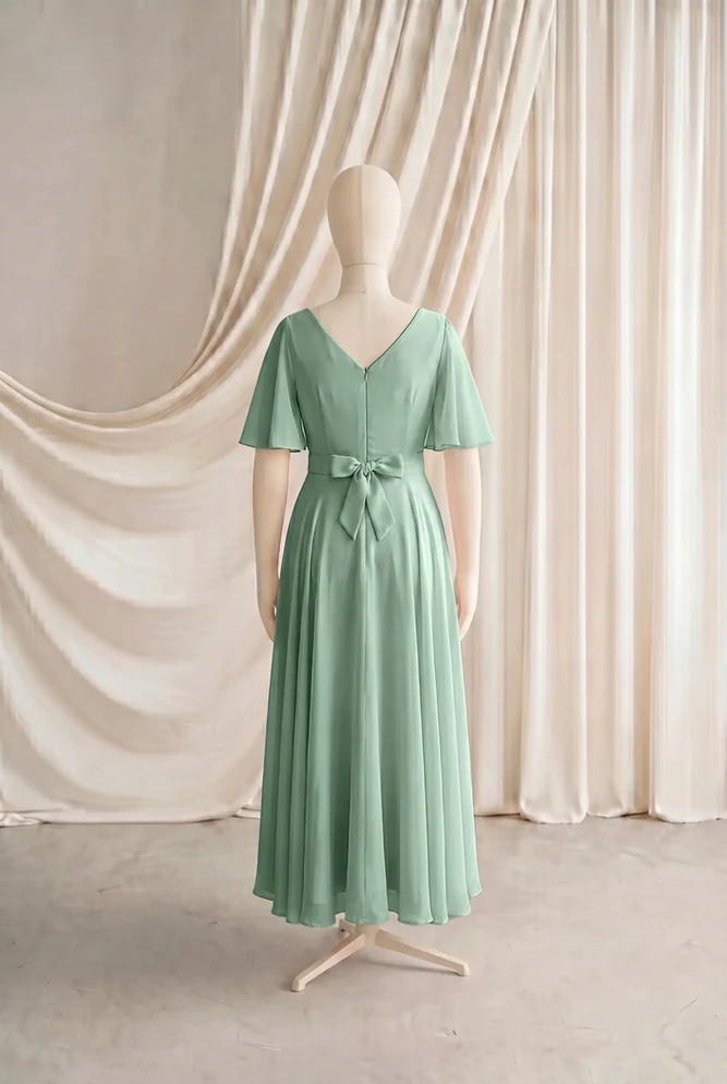 Phoebe Green Chiffon Junior Bridesmaid Dress by TH&TH — Sage Green, back Phoebe Green Chiffon Junior Bridesmaid Dress by TH&TH — Sage Green, back
