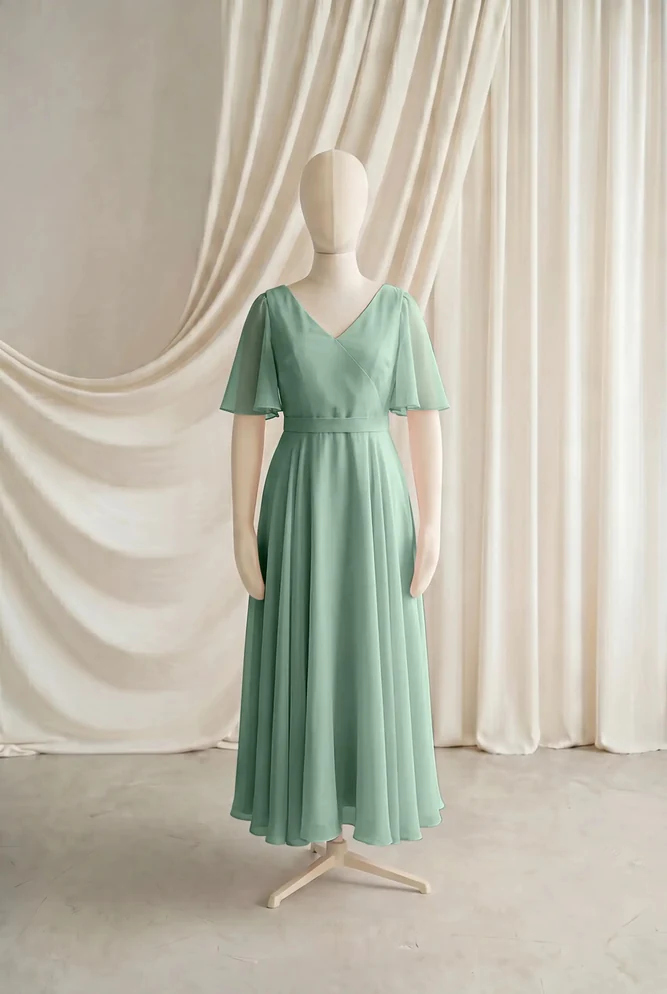 Phoebe Green Chiffon Junior Bridesmaid Dress by TH&TH — Sage Green, front Phoebe Green Chiffon Junior Bridesmaid Dress by TH&TH — Sage Green, front