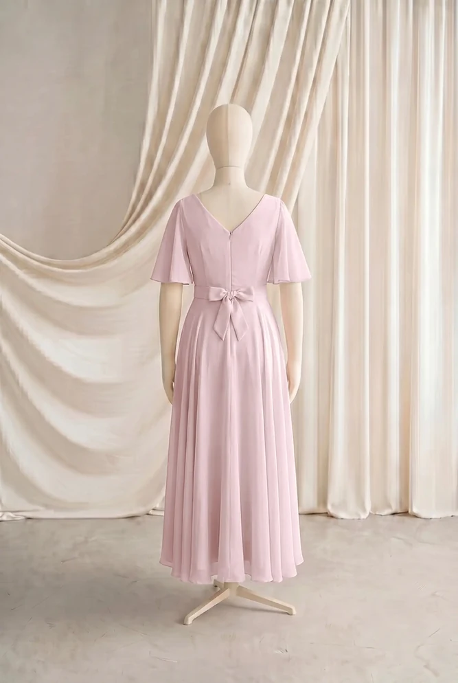 Phoebe Pink Chiffon Junior Bridesmaid Dress by TH&TH — Smoked Blush, back Phoebe Pink Chiffon Junior Bridesmaid Dress by TH&TH — Smoked Blush, back