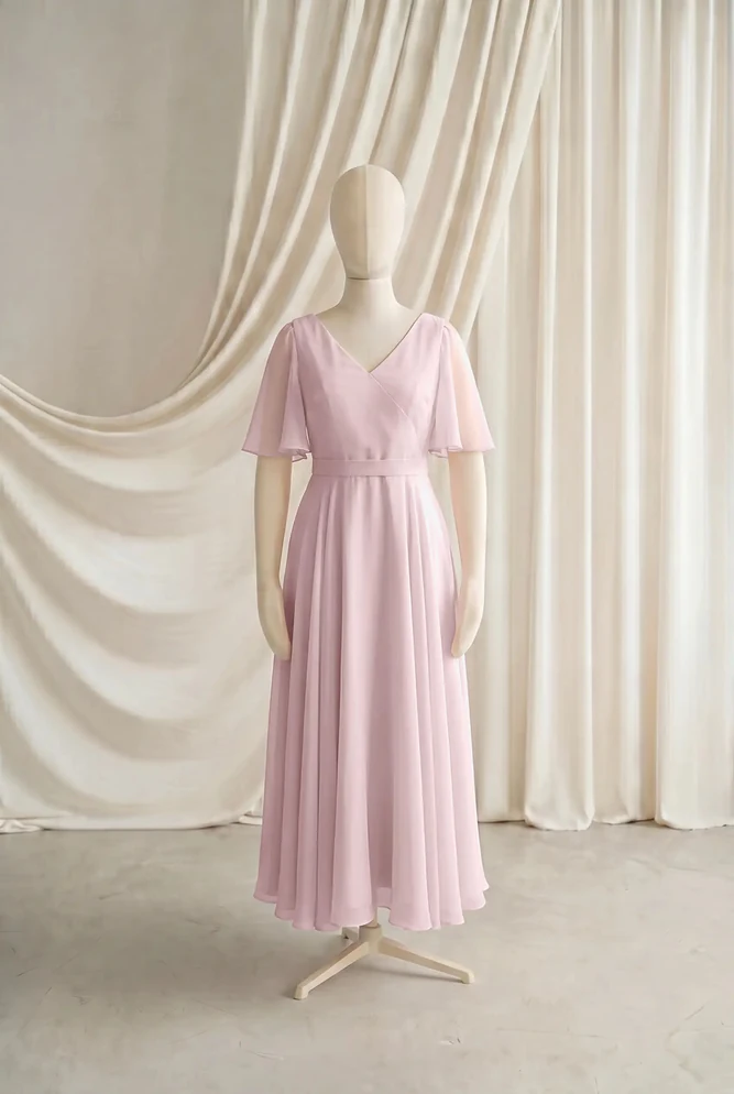 Phoebe Pink Chiffon Junior Bridesmaid Dress by TH&TH — Smoked Blush, front Phoebe Pink Chiffon Junior Bridesmaid Dress by TH&TH — Smoked Blush, front