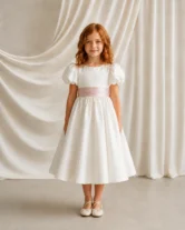 Poppy ivory matte satin flower girl dress by TH&TH with a removable blush pink satin sash tied in a bow, front view