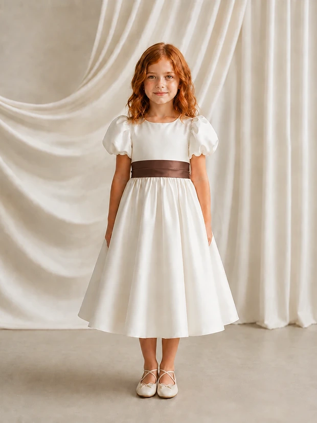Poppy ivory matte satin flower girl dress by TH&TH with a removable chocolate brown satin sash tied in a bow, front view