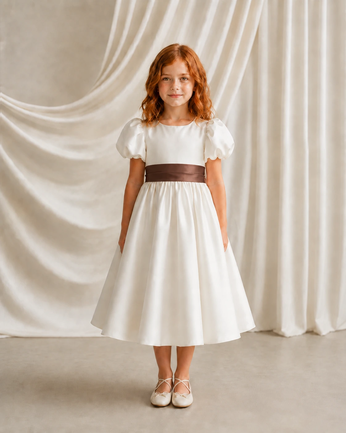 poppy-ivory-chocolate-brown-satin-flower-girl-dress-thth-front Poppy ivory matte satin flower girl dress by TH&TH with a removable chocolate brown satin sash tied in a bow, front view
