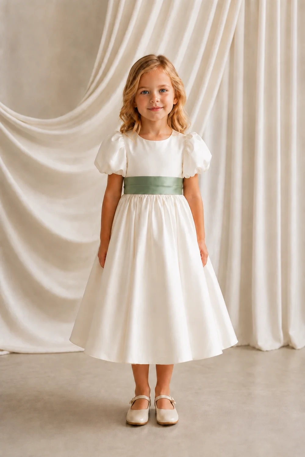 poppy-ivory-dusty-eucalyptus-satin-flower-girl-dress-thth-front Poppy ivory matte satin flower girl dress by TH&TH with a removable dusty eucalyptus satin sash tied in a bow, front view
