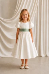 Poppy ivory matte satin flower girl dress by TH&TH with a removable dusty eucalyptus satin sash tied in a bow, front view
