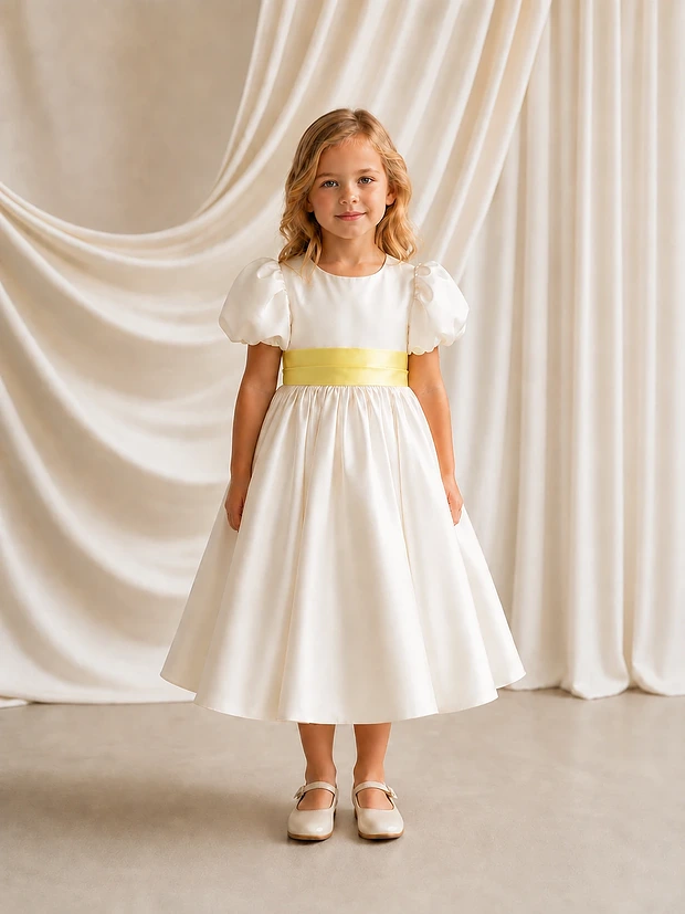 Poppy ivory matte satin flower girl dress by TH&TH with a removable limoncello satin sash tied in a bow, front view