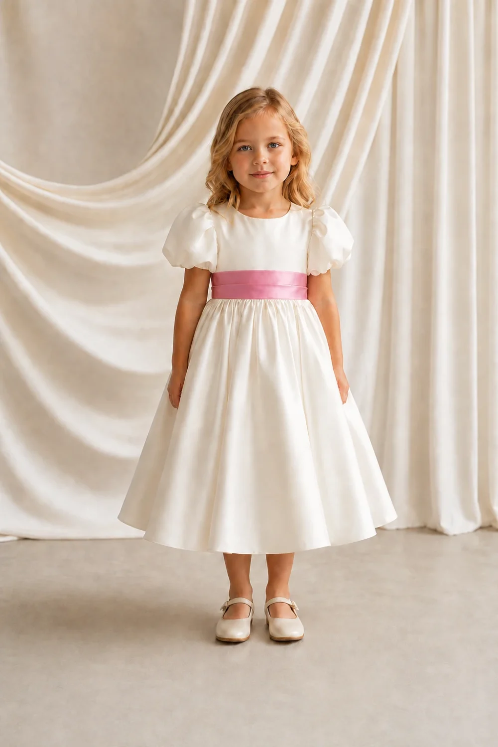 poppy-ivory-rose-pink-satin-flower-girl-dress-thth-front Poppy ivory matte satin flower girl dress by TH&TH with a removable rose pink satin sash tied in a bow, front view