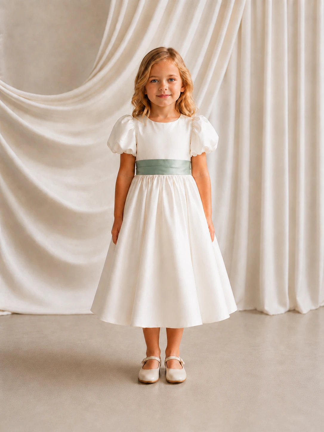 poppy-ivory-sage-green-satin-flower-girl-dress-thth-front Poppy ivory matte satin flower girl dress by TH&TH with a removable sage green satin sash tied in a bow, front view