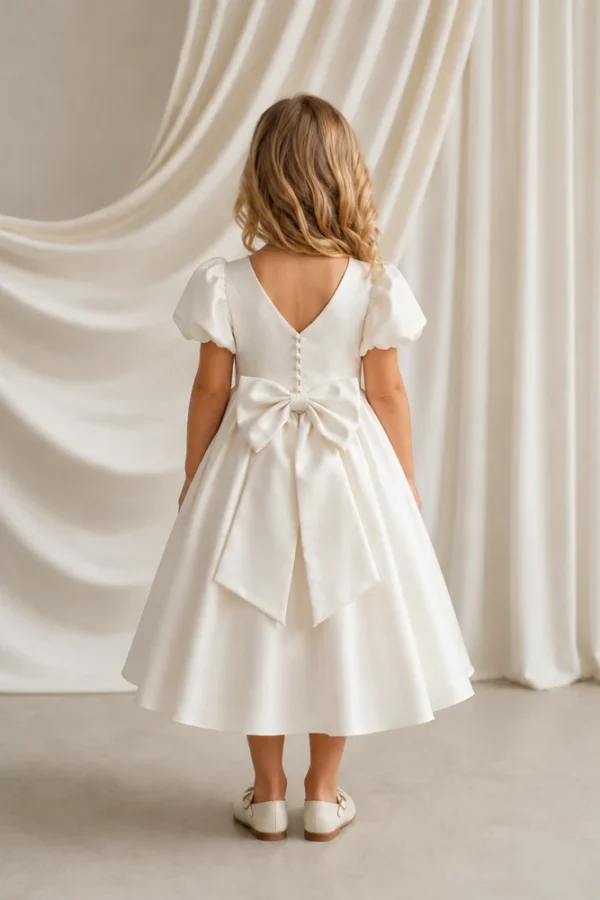 Poppy Ivory Satin Flower Girl Dress by TH&TH — back with removable bow Poppy Ivory Satin Flower Girl Dress by TH&TH - back with removable bow