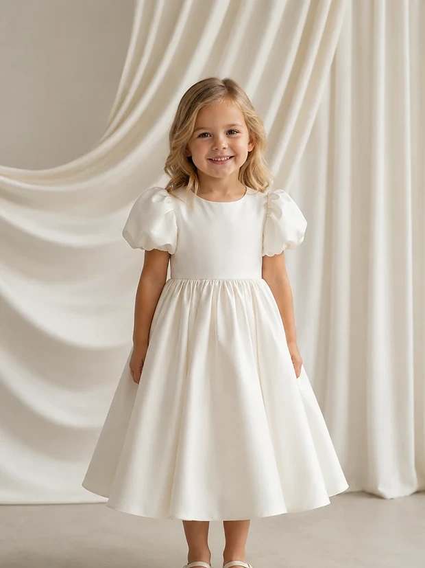 Poppy Ivory Satin Flower Girl Dress by TH&TH - front