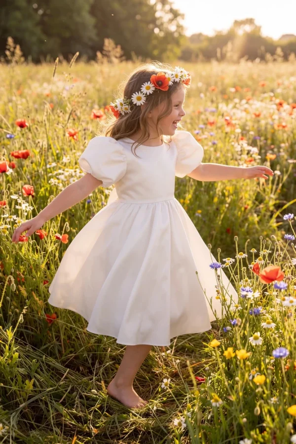 Poppy Ivory Satin Flower Girl Dress by TH&TH — flower girl twirling in a wildflower meadow Poppy Ivory Satin Flower Girl Dress by TH&TH - flower girl twirling in a wildflower meadow