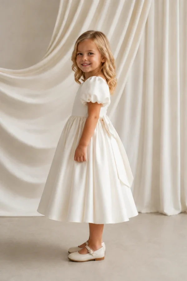 Poppy Ivory Satin Flower Girl Dress by TH&TH — side Poppy Ivory Satin Flower Girl Dress by TH&TH - side