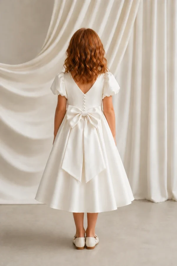 Poppy Ivory Satin Flower Girl Dress by TH&TH — size 8 years, back with bow Poppy Ivory Satin Flower Girl Dress by TH&TH - size 8 years, back with bow