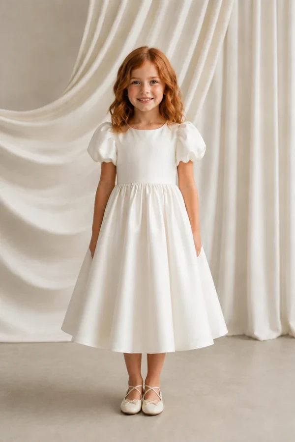 Poppy Ivory Satin Flower Girl Dress by TH&TH — size 8 years, front Poppy Ivory Satin Flower Girl Dress by TH&TH - size 8 years, front