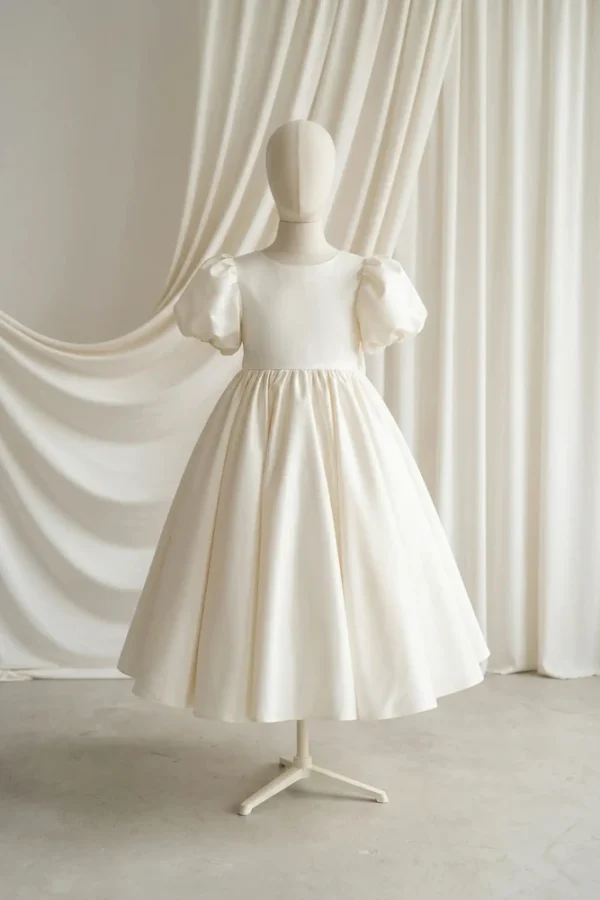 Poppy Ivory Satin Flower Girl Dress by TH&TH — studio front detail Poppy Ivory Satin Flower Girl Dress by TH&TH - studio front detail