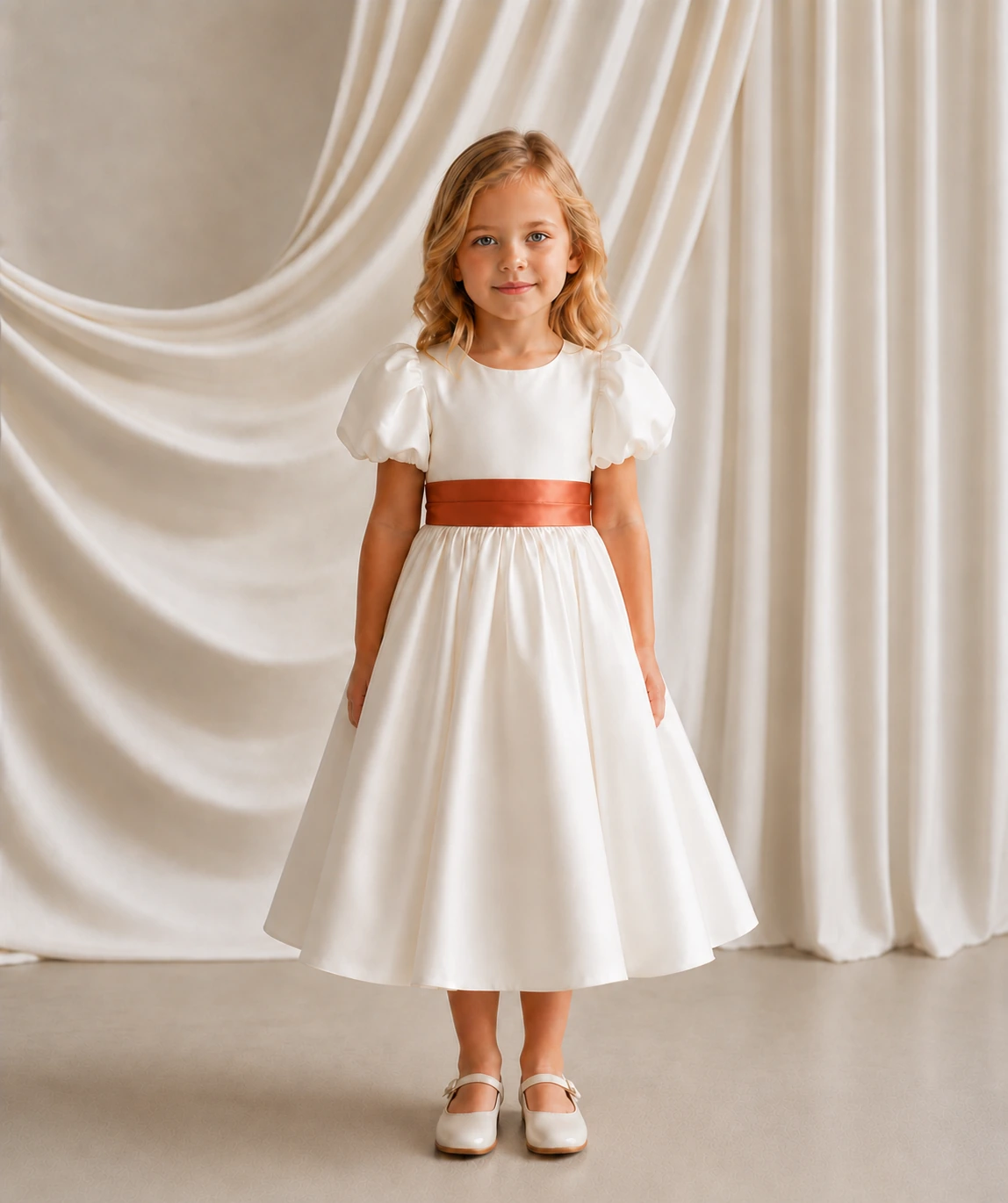 poppy-ivory-terracotta-satin-flower-girl-dress-thth-front Poppy ivory matte satin flower girl dress by TH&TH with a removable terracotta satin sash tied in a bow, front view
