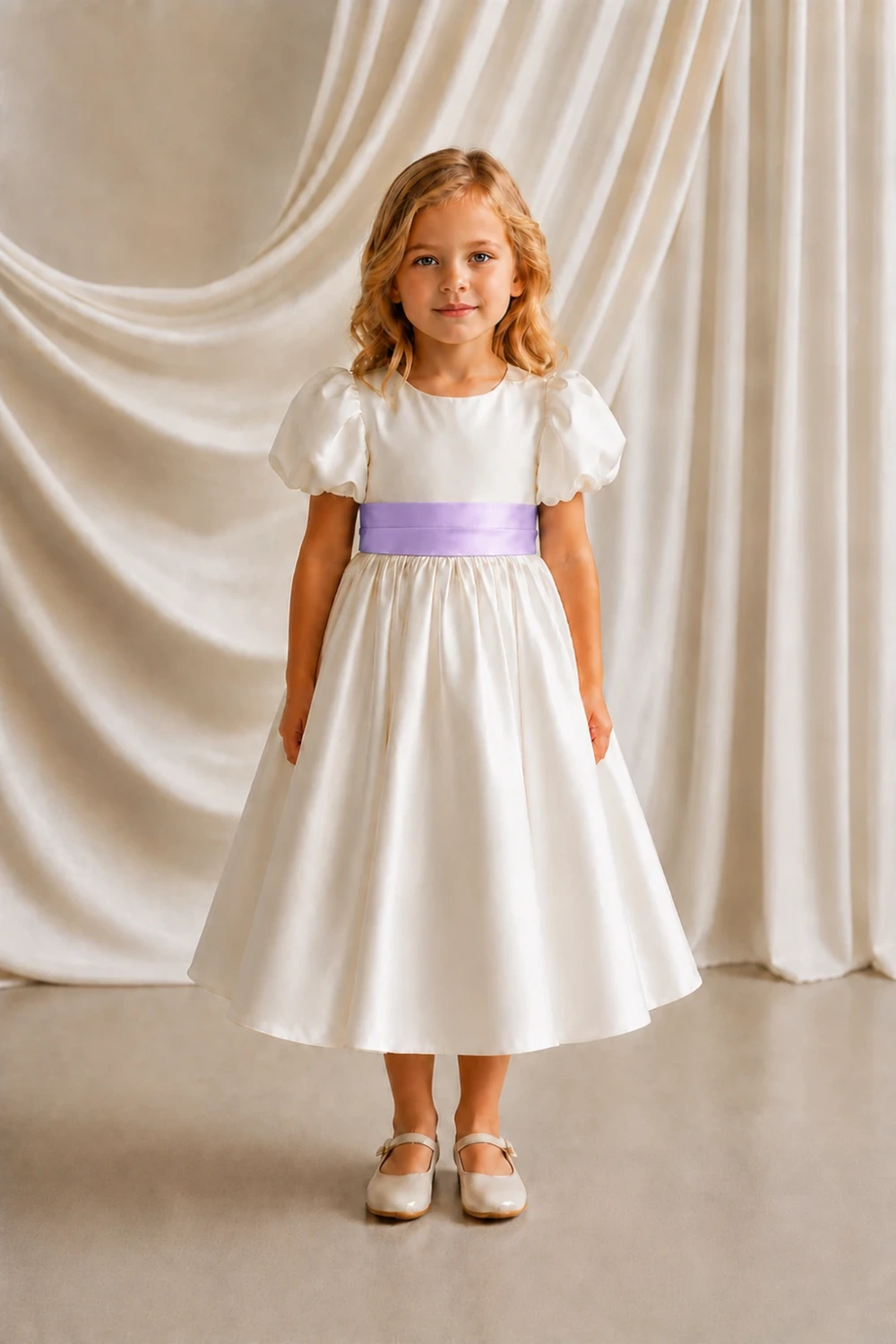 poppy-ivory-violet-satin-flower-girl-dress-thth-front Poppy ivory matte satin flower girl dress by TH&TH with a removable violet satin sash tied in a bow, front view
