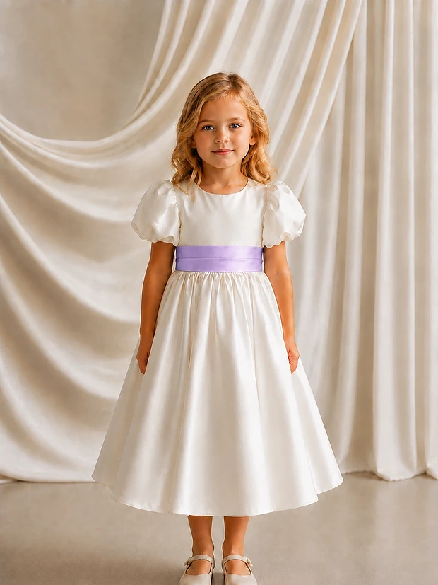 Poppy ivory matte satin flower girl dress by TH&TH with a removable violet satin sash tied in a bow, front view