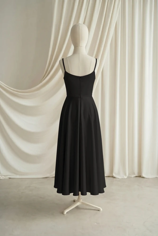Tilly Black Satin Junior Bridesmaid Dress by TH&TH — Black, back Tilly Black Satin Junior Bridesmaid Dress by TH&TH — Black, back