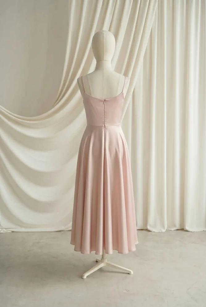 tilly-blush-pink-satin-junior-bridesmaid-dress-thth-back Tilly Blush Pink satin junior bridesmaid dress by TH&TH — back view of the full tea-length skirt