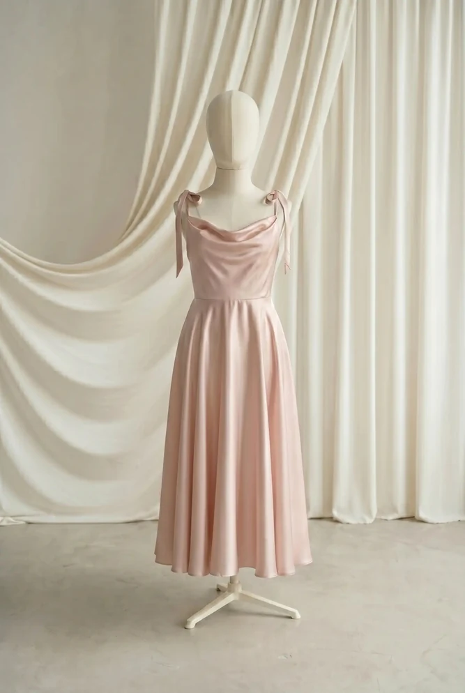 tilly-blush-pink-satin-junior-bridesmaid-dress-thth-front Tilly Blush Pink satin junior bridesmaid dress by TH&TH — front, showing the ribbon shoulder ties and cowl neckline
