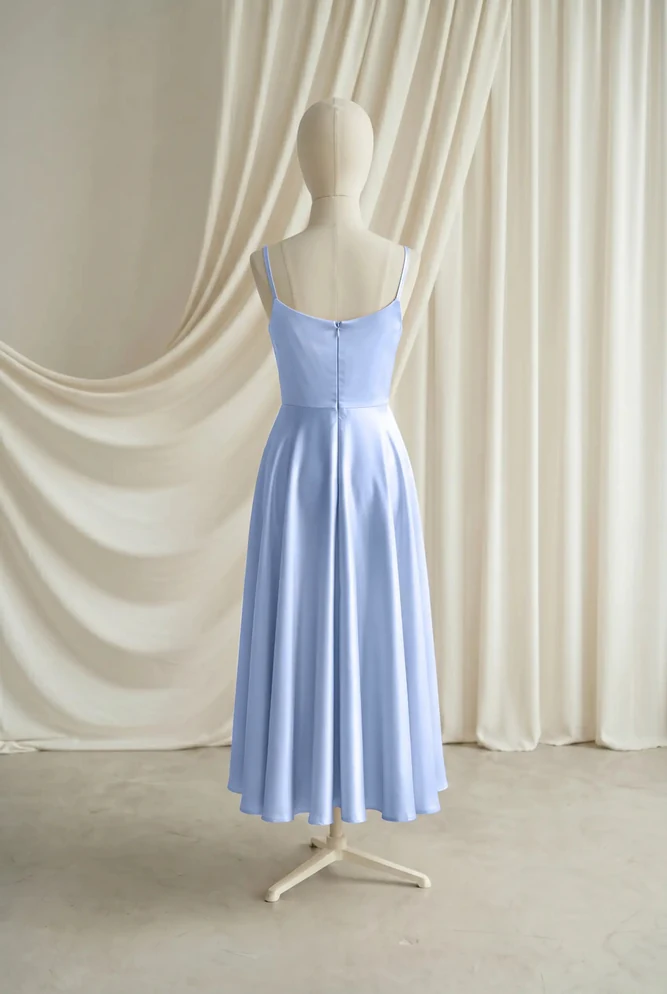 Tilly Blue Satin Junior Bridesmaid Dress by TH&TH — Dusty Blue, back Tilly Blue Satin Junior Bridesmaid Dress by TH&TH — Dusty Blue, back