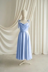 Tilly Blue Satin Junior Bridesmaid Dress by TH&TH — Dusty Blue, front