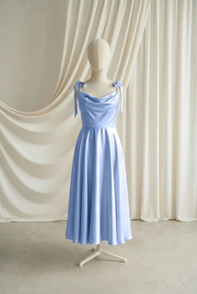 Tilly Blue Satin Junior Bridesmaid Dress by TH&TH — Dusty Blue, front Tilly Blue Satin Junior Bridesmaid Dress by TH&TH — Dusty Blue, front